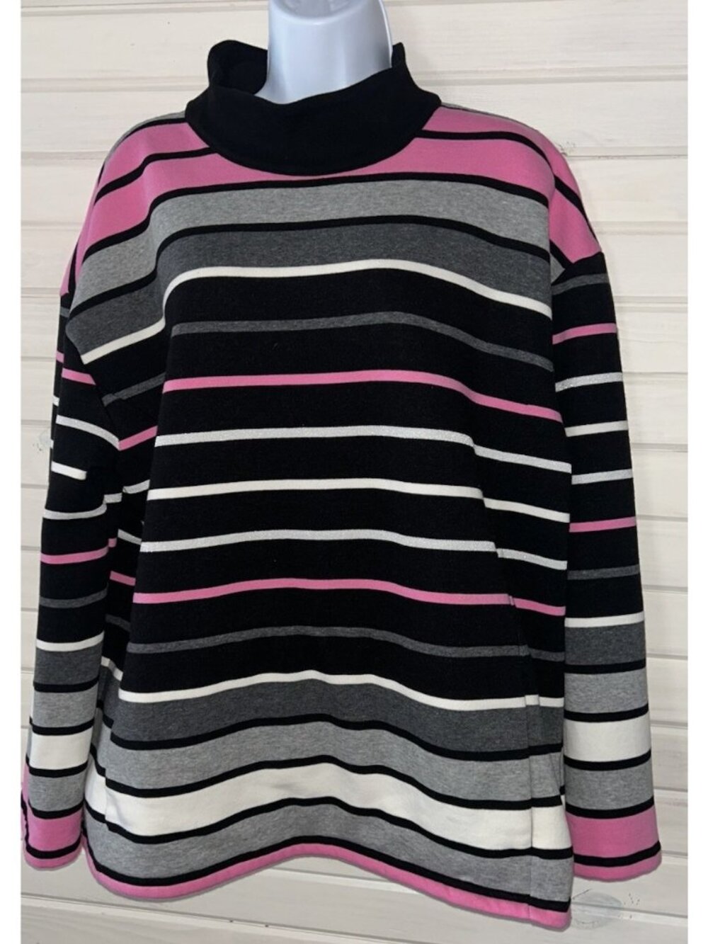 T by Talbots Sz XL Mock Neck Pink Stripe Pullover Top French Terry Pockets EUC